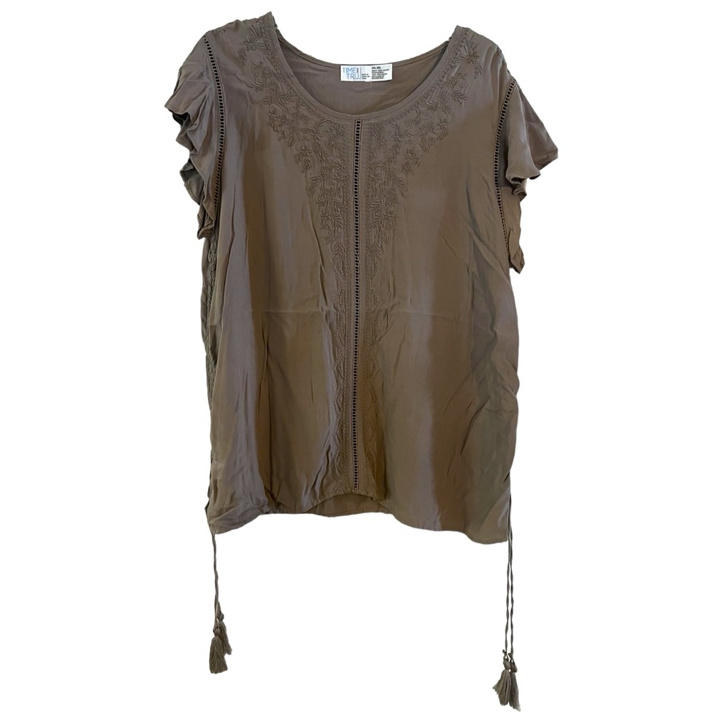 Time & Tru Women's  Tan Rayon  Embroidered Flutter Sleeve Blouse Size XXL New